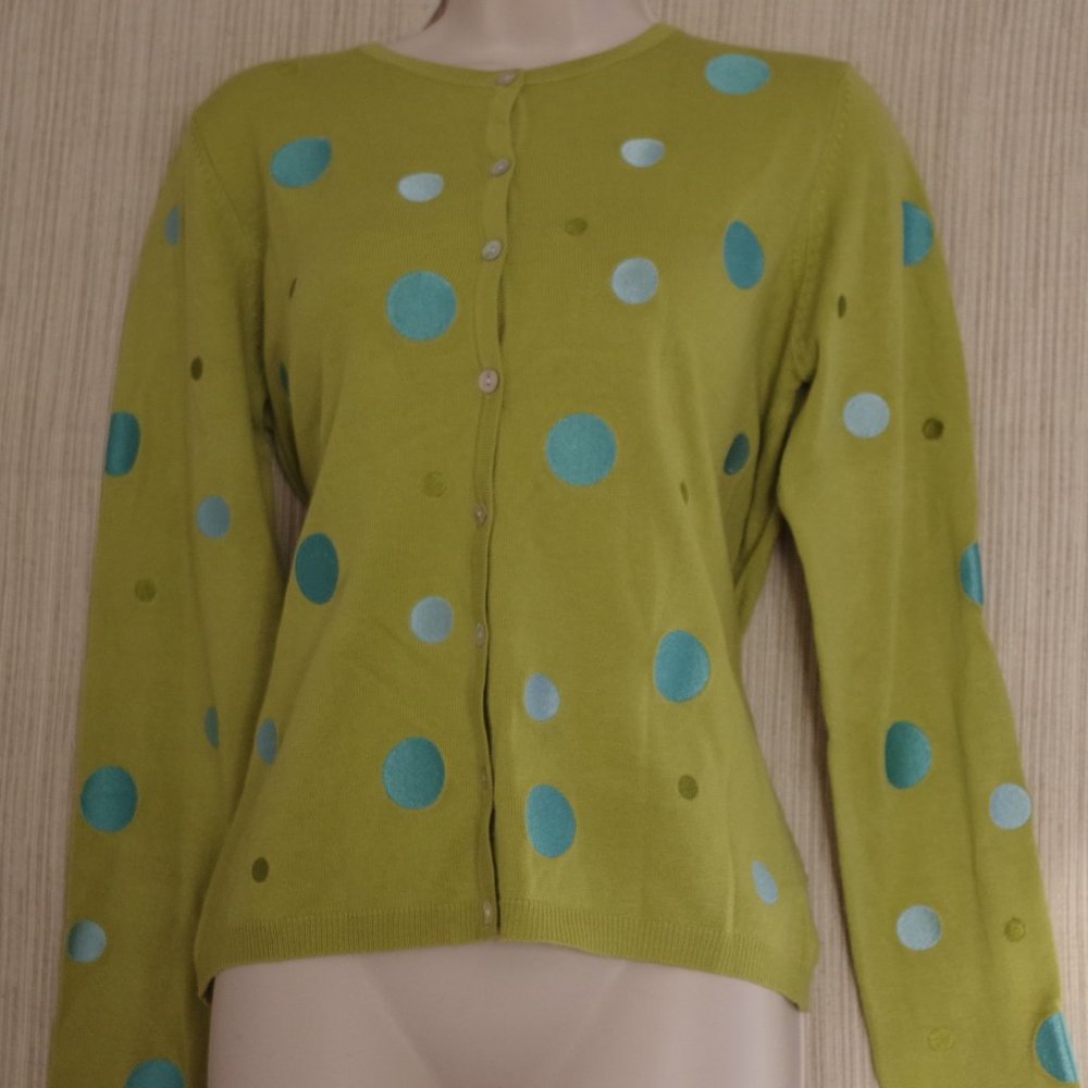 Whimsy Acrylic Green Blue Polka Dots Cardigan  Women Size:PL